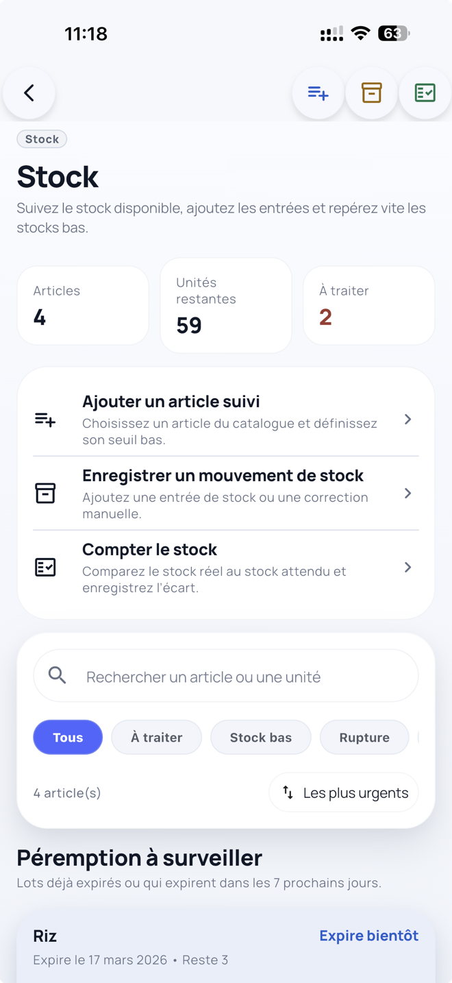 FinKlaro stock tracking screen with low-stock and expiry alerts